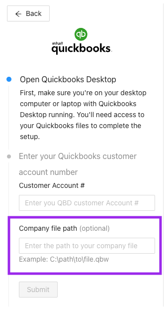 Input to update QuickBooks Desktop company filepath
