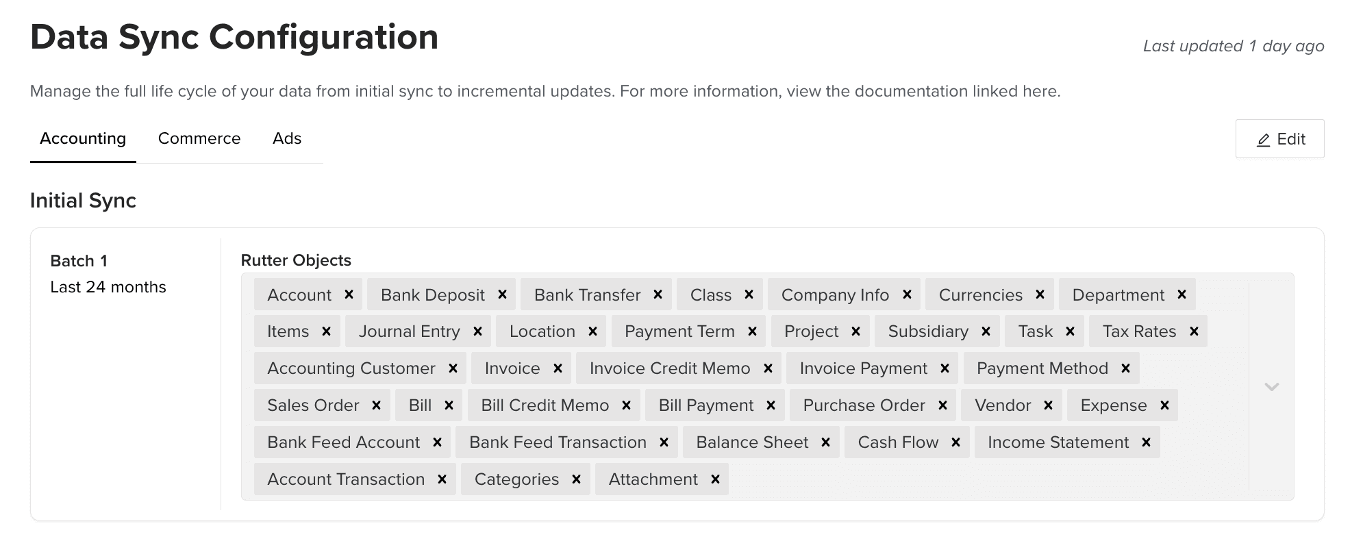 Data Sync Configuration Dashboard view