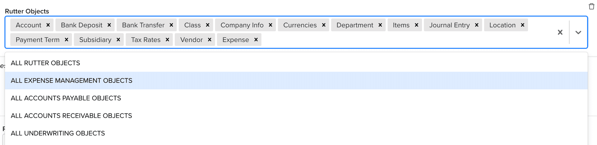 Data Sync Accounting Prepopulated Options