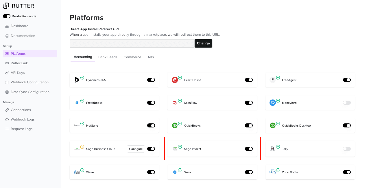 Enable Sage Intacct on Platform Page