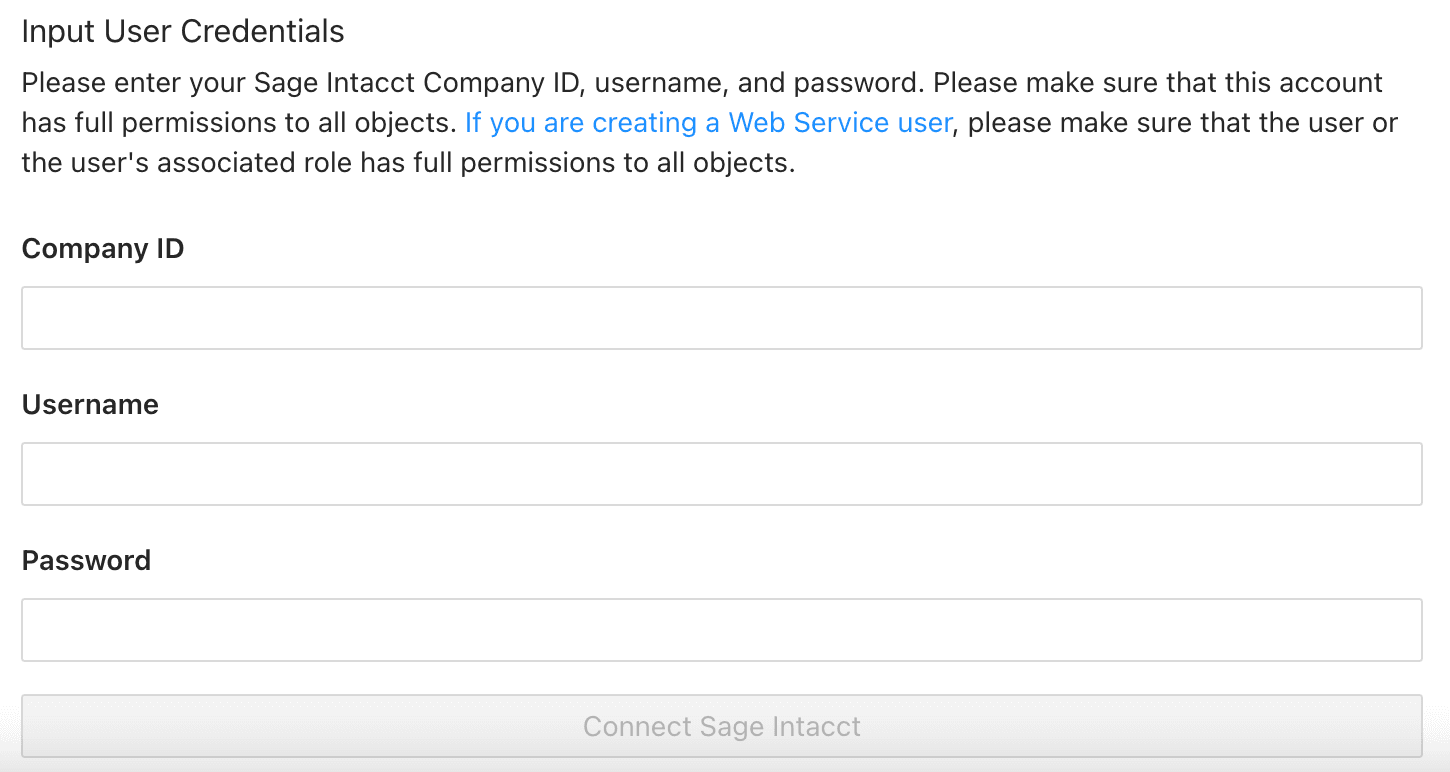 Input user credentials for Sage Intacct