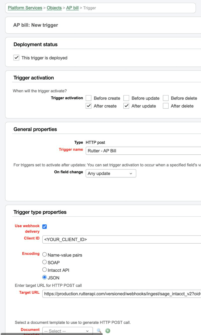 Sage Intacct trigger configured for Rutter real-time webhooks