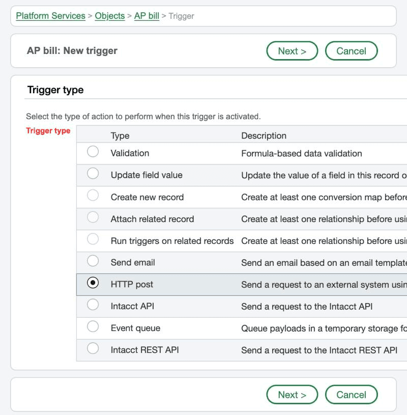 Sage Intacct trigger type selection with HTTP post selected